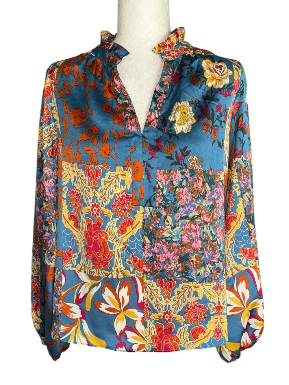 Fate Floral Patchwork Print Satin Ruffle Neck Blouse - S
